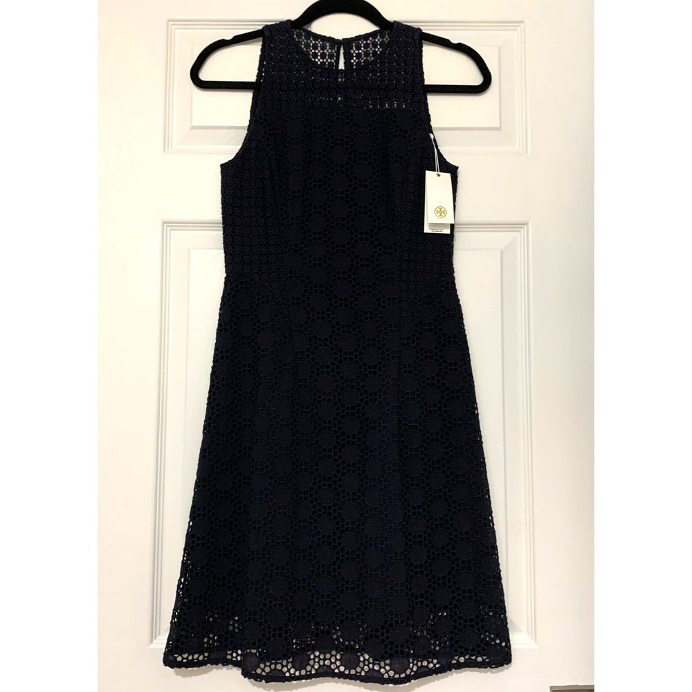 NWT Tory Burch Hallie‎ Eyelet Dress 0 00 XS Cotton $395 Navy Lace Fit Flare - Picture 5 of 13